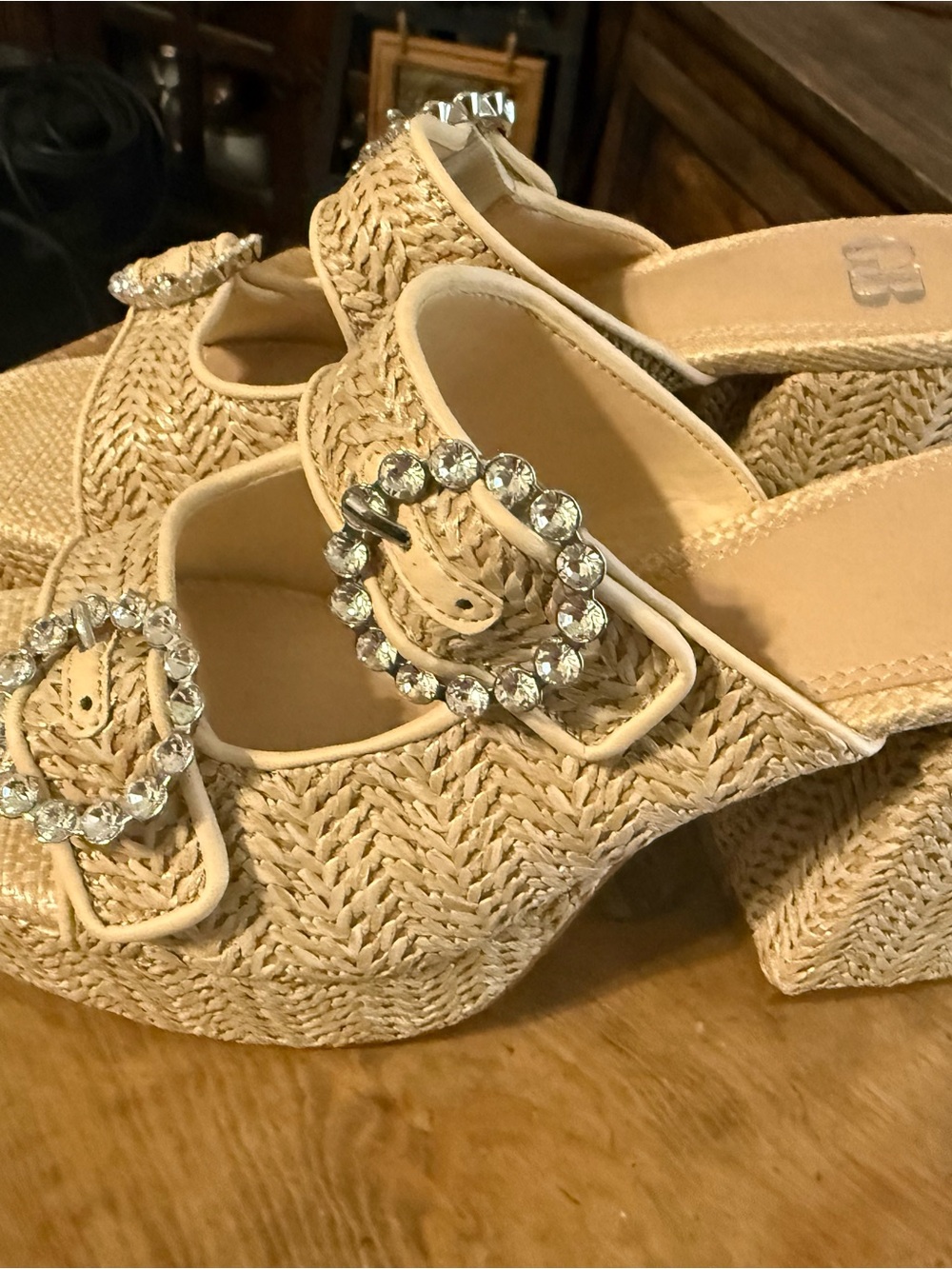 Gianni Bini Beige Raffia Platform Sandals with Crystal Buckles, Block Heel NWOT